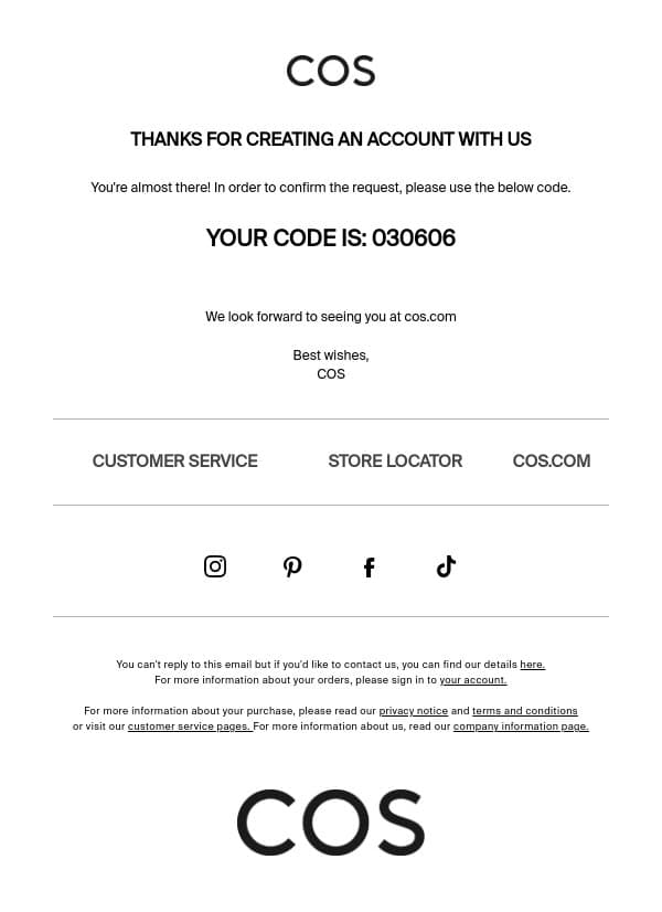 Your code is: 030606 email from COS screenshot