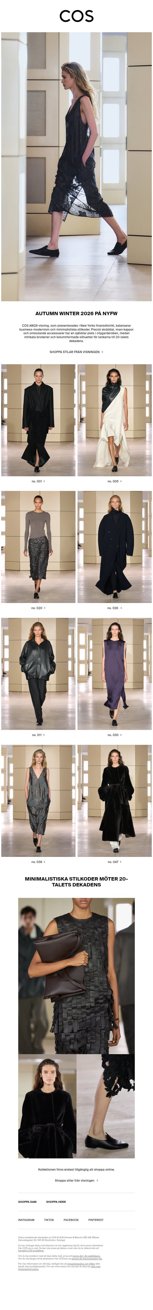 Autumn Winter 2026 på NYFW email from COS screenshot