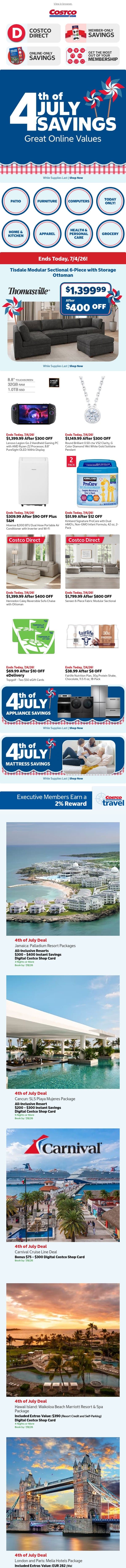 Uncover Featured Fourth Of July Member Values email from Costco screenshot