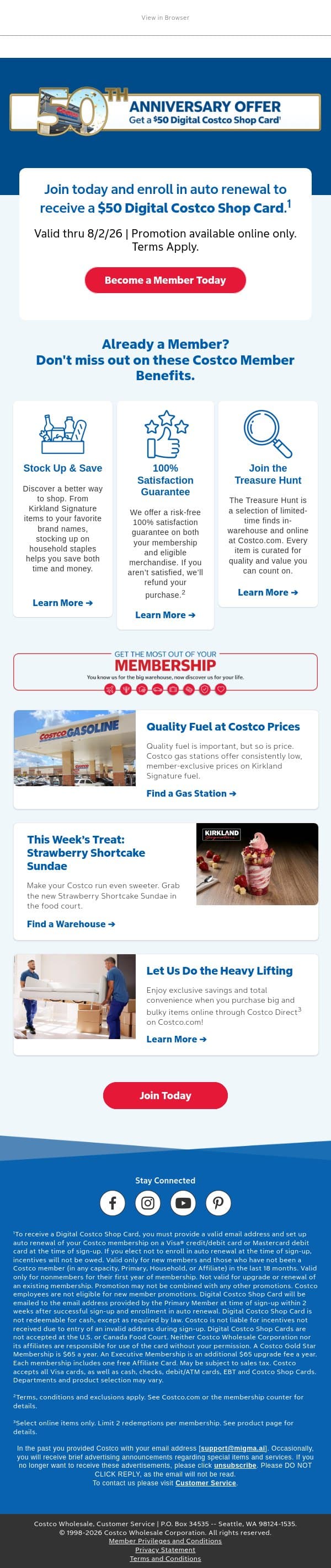 Celebrate 50 Years! Join Today to Receive a $50 Digital Costco Shop Card. Terms Apply. email from Costco screenshot