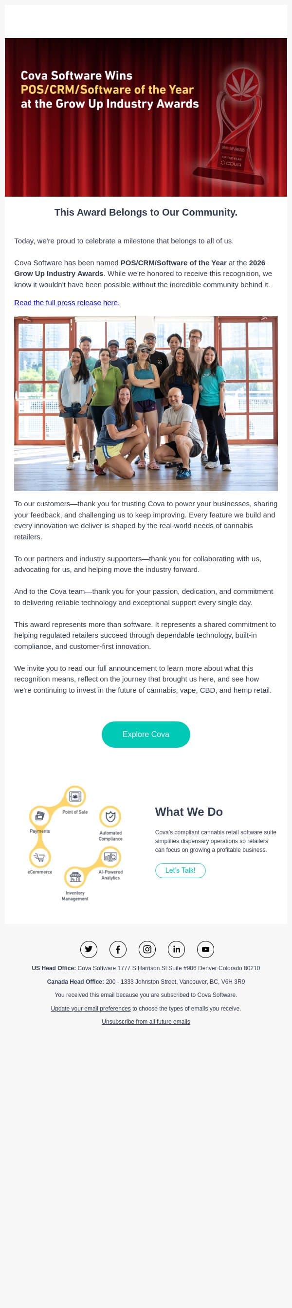 This Award Belongs to the Cova Community 🏆 email from Cova screenshot