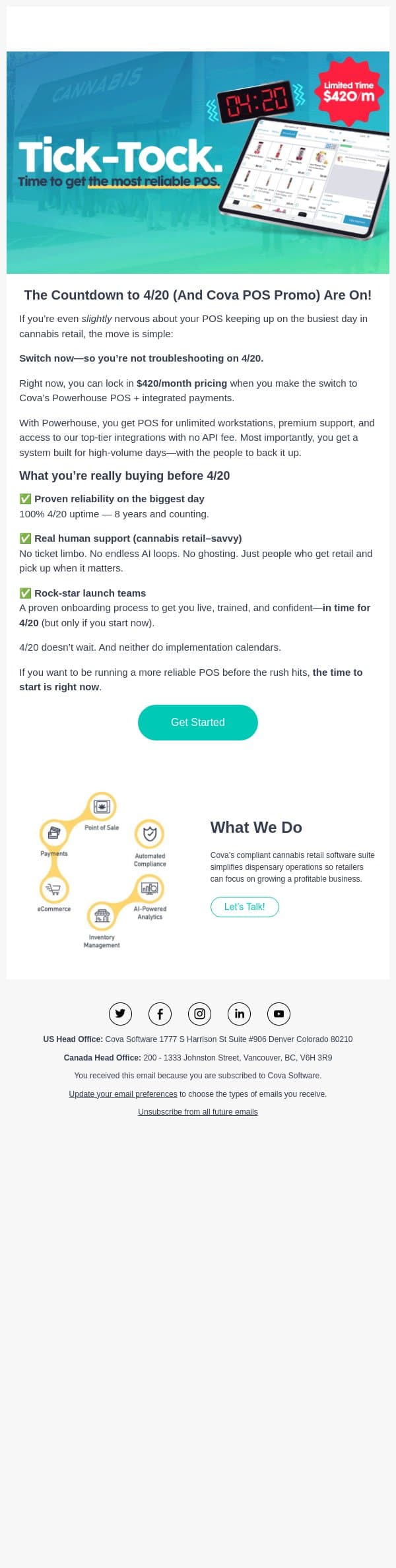 Tick-Tock. 4/20 is Coming. Cha-Ching. Our POS Promo is On! email from Cova screenshot
