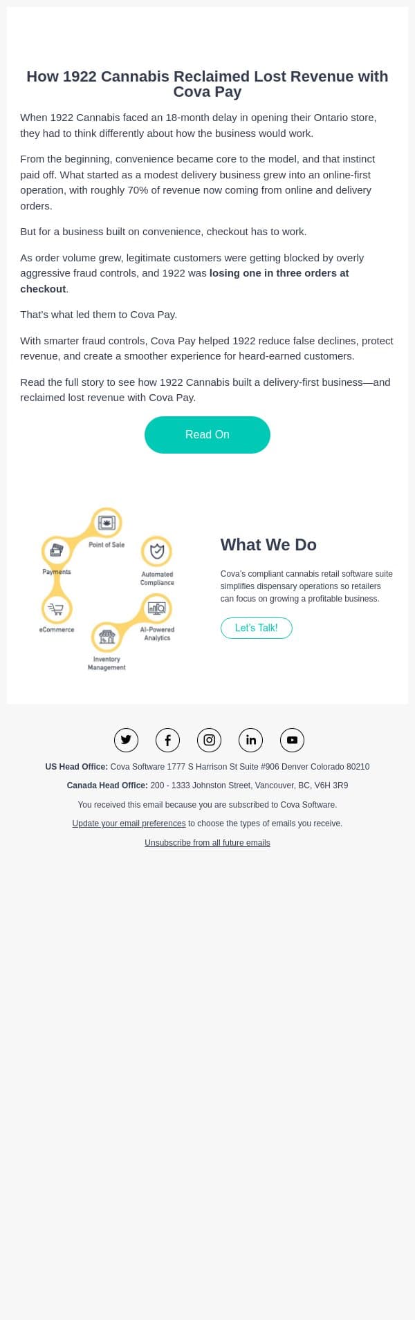 How 1922 Cannabis Reclaimed Lost Revenue with Cova Pay email from Cova screenshot