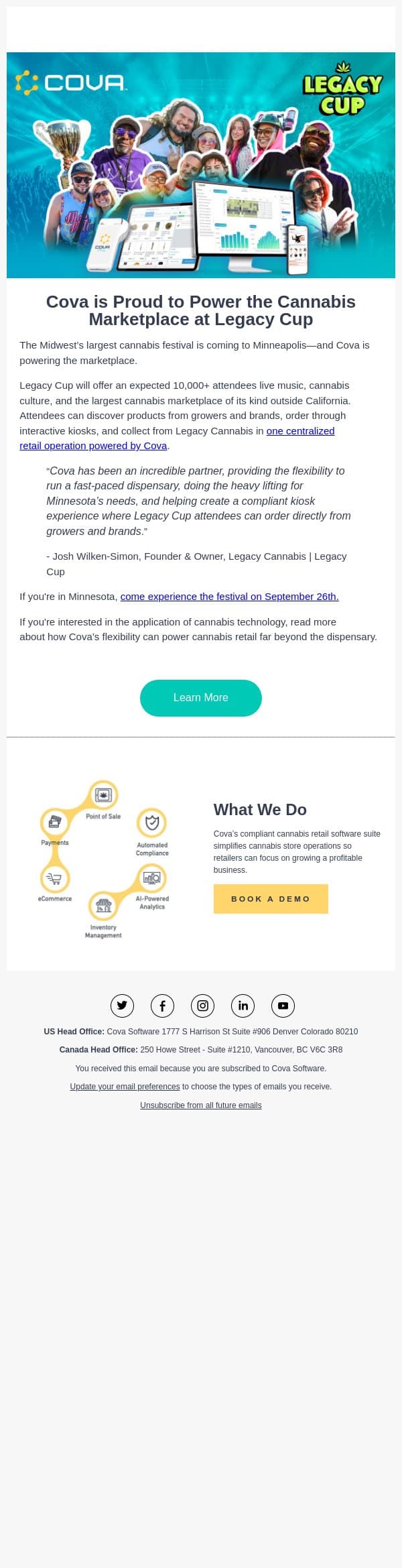 Cova to Power the Cannabis Marketplace at Legacy Cup MN email from Cova screenshot
