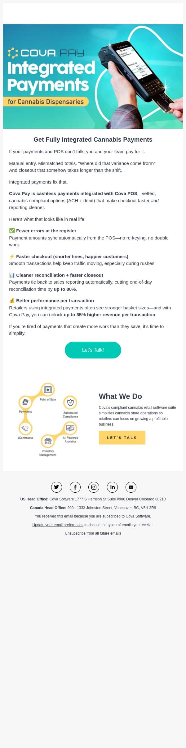 Manual Entry Out. Integrated Payments In. Margins Up. email from Cova screenshot