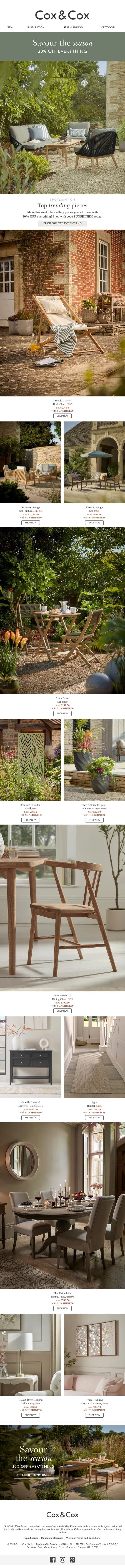 This week's top trending pieces | 30% OFF email from Cox & Cox screenshot