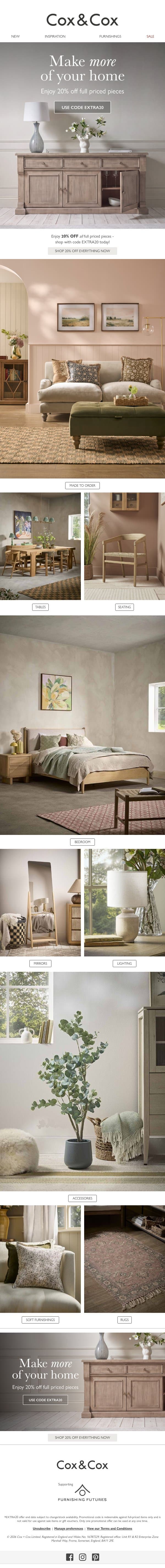 Take 20% OFF all full priced pieces today! email from Cox & Cox screenshot
