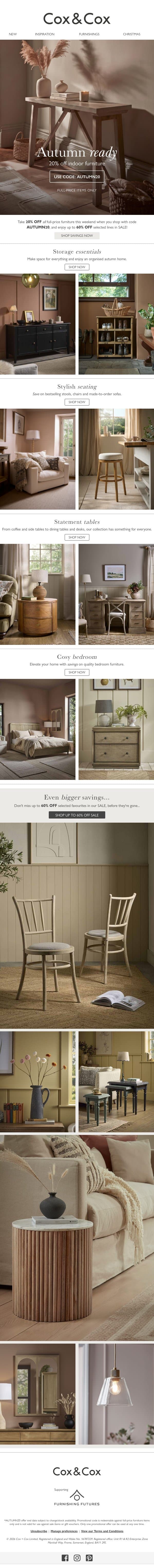 20% OFF all full-price furniture + up to 60% off in SALE email from Cox & Cox screenshot