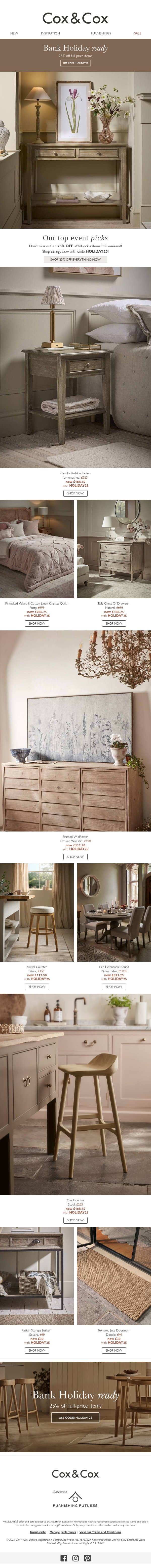 Don't miss 25% OFF all full-price items this weekend! email from Cox & Cox screenshot
