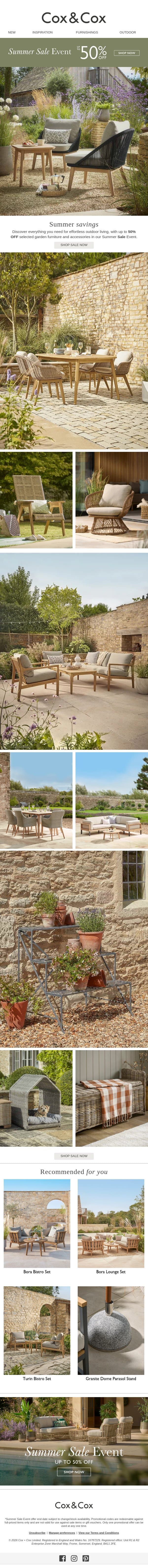 Summer Sale Event - up to 50% OFF outdoor living email from Cox & Cox screenshot