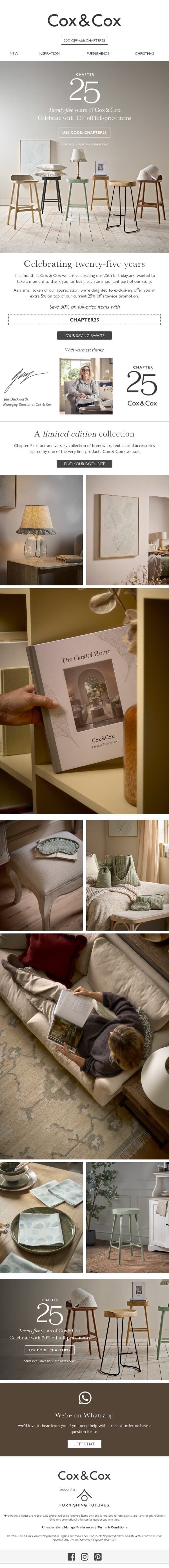 Celebrating 25 years | 30% off just for you email from Cox & Cox screenshot