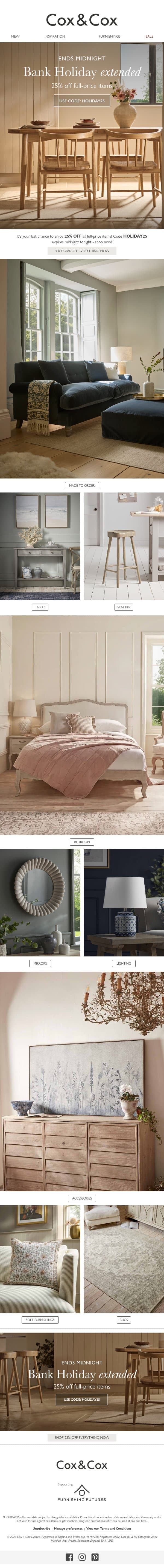 Last chance - 25% OFF everything ends midnight! email from Cox & Cox screenshot