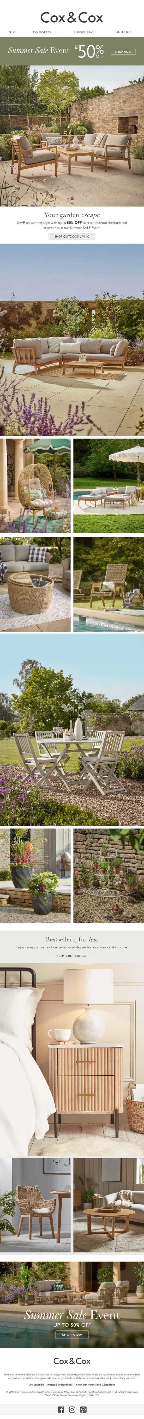 Your garden escape | Up to 50% OFF selected lines email from Cox & Cox screenshot