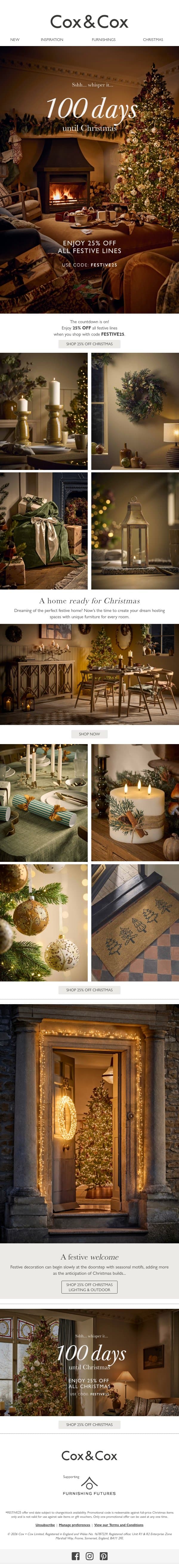 100 days until Christmas! 25% OFF all festive lines! email from Cox & Cox screenshot