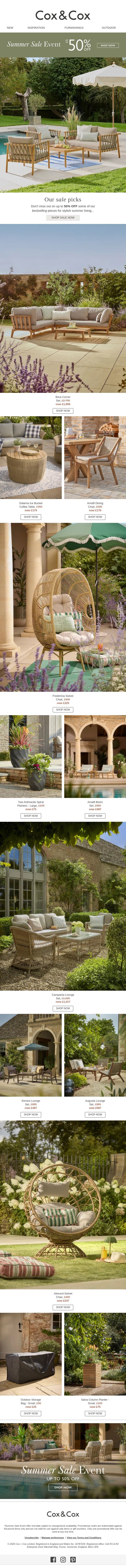 Before they're gone - shop up to 50% OFF summer bestsellers email from Cox & Cox screenshot