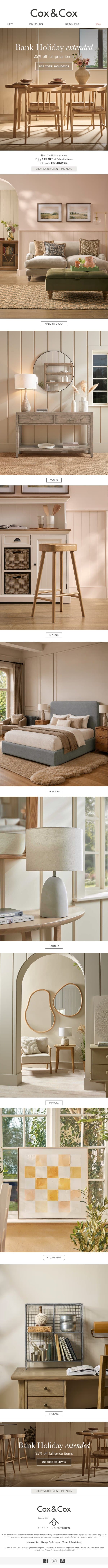 25% OFF all full-price items - offer extended! email from Cox & Cox screenshot