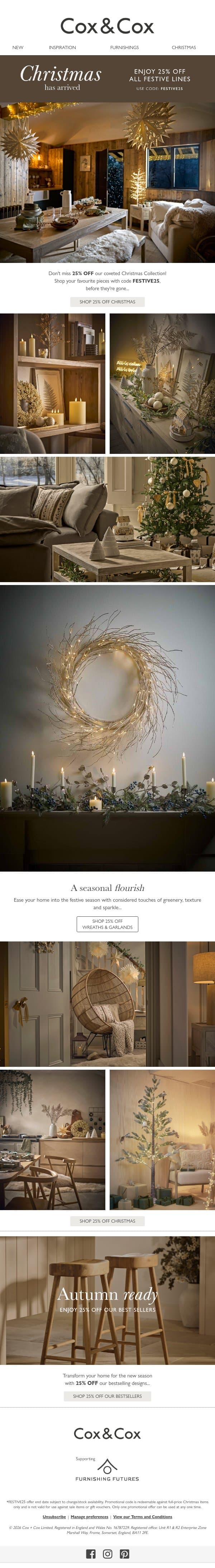 Shop 25% OFF festive favourites, before they're gone... email from Cox & Cox screenshot