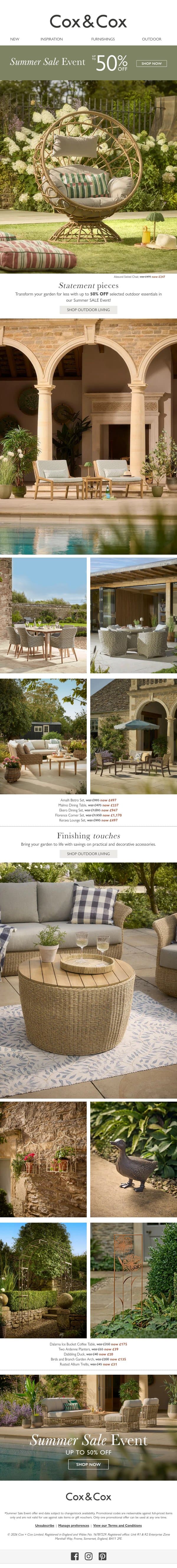 Summer SALE Event - Up to 50% OFF garden style email from Cox & Cox screenshot
