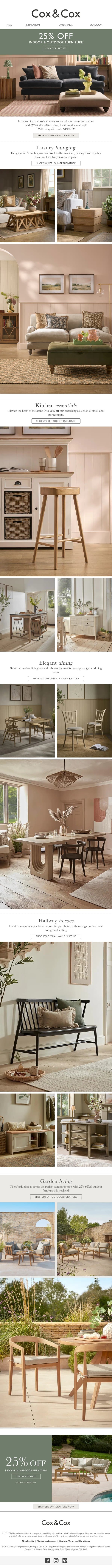 This weekend - 25% OFF furniture for every room! email from Cox & Cox screenshot