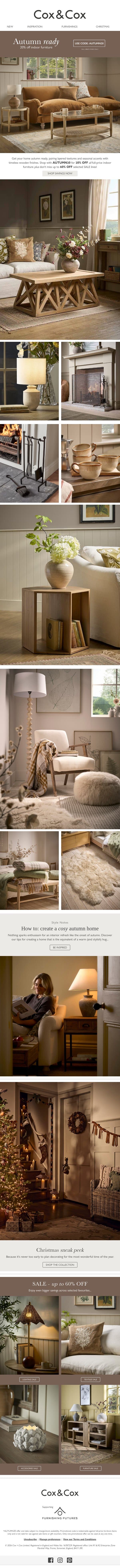 Cosy layers | 20% OFF furniture this weekend! email from Cox & Cox screenshot