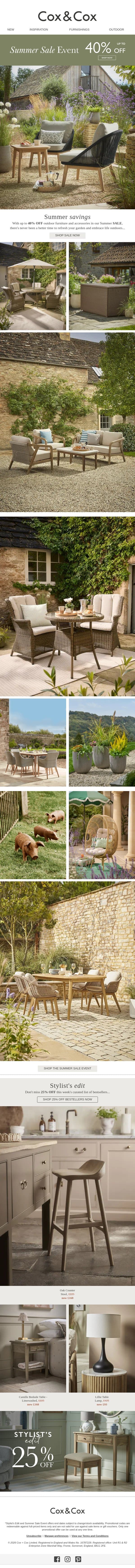 Summer savings - up to 40% OFF garden essentials email from Cox & Cox screenshot