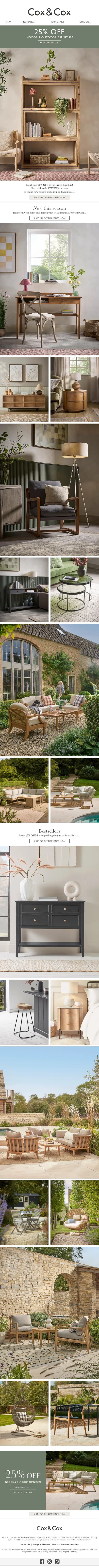25% OFF all furniture | SAVE on new arrivals + bestsellers email from Cox & Cox screenshot