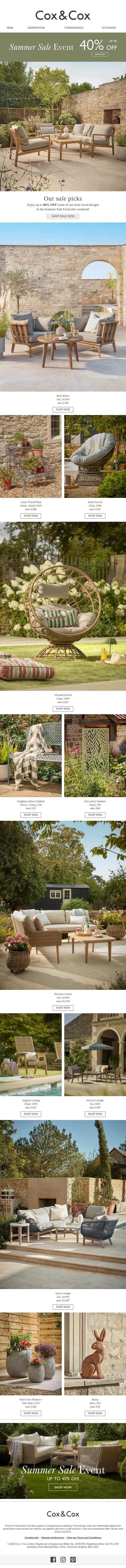 Up to 40% OFF our Summer Sale picks email from Cox & Cox screenshot