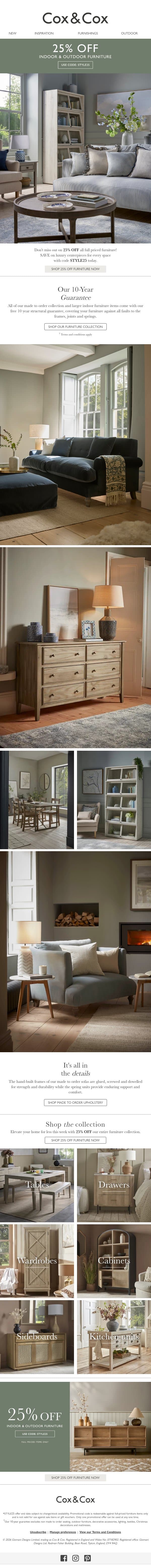 Don't miss 25% OFF all full priced furniture, while stocks last... email from Cox & Cox screenshot