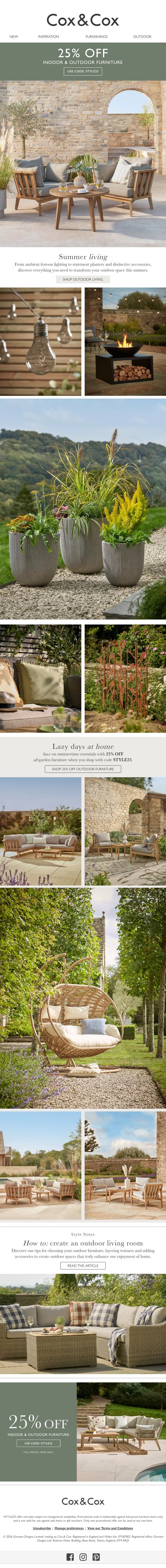 Summer living | 25% OFF all full priced outdoor furniture! email from Cox & Cox screenshot