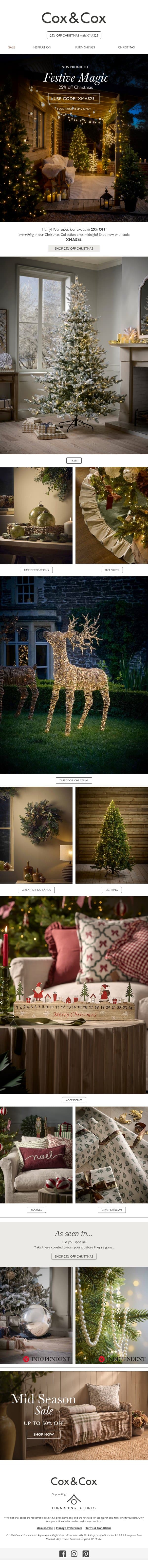 Hurry - your 25% OFF Christmas ends midnight! email from Cox & Cox screenshot