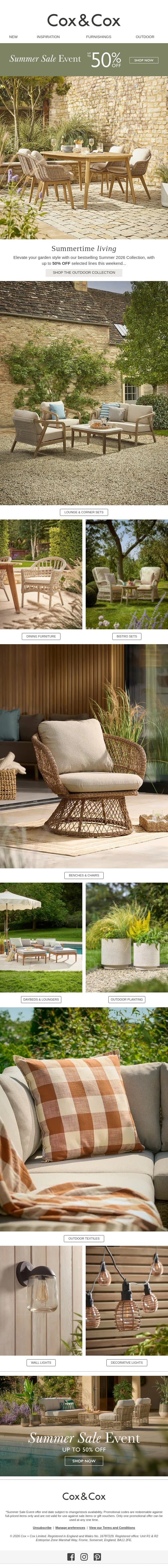 Summertime living | Up to 50% OFF selected lines email from Cox & Cox screenshot
