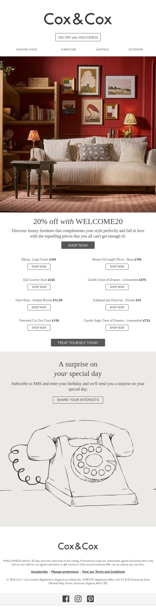 Top trending pieces | 20% off email from Cox & Cox screenshot