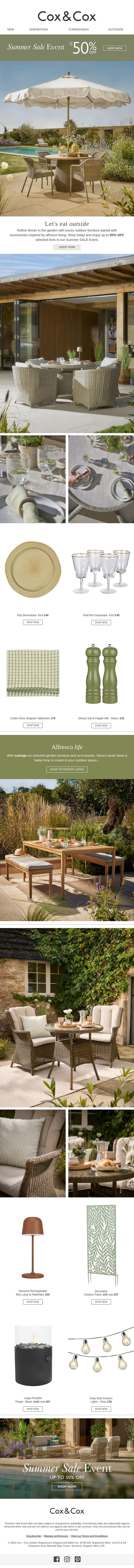 Don't miss up to 50% OFF selected garden furniture & accessories email from Cox & Cox screenshot