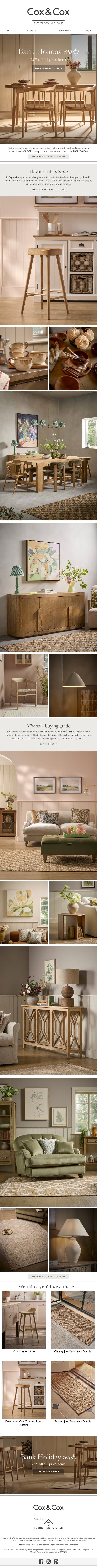 The Bank Holiday EDIT | 25% OFF everything! email from Cox & Cox screenshot