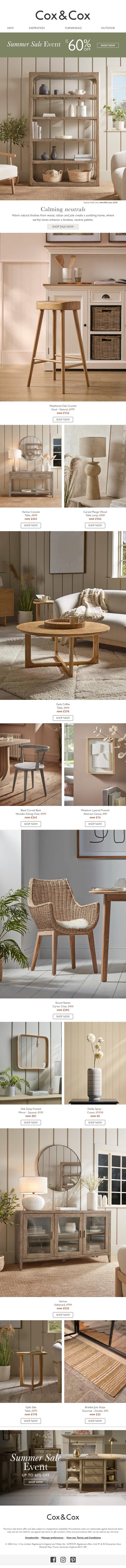 Calming neutrals | Don't miss the Summer SALE Event! email from Cox & Cox screenshot