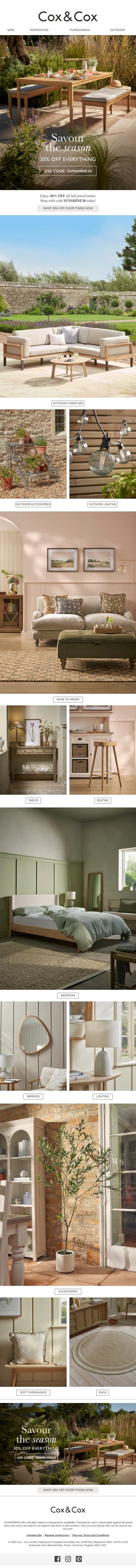 Savour the season with 30% OFF EVERYTHING! email from Cox & Cox screenshot