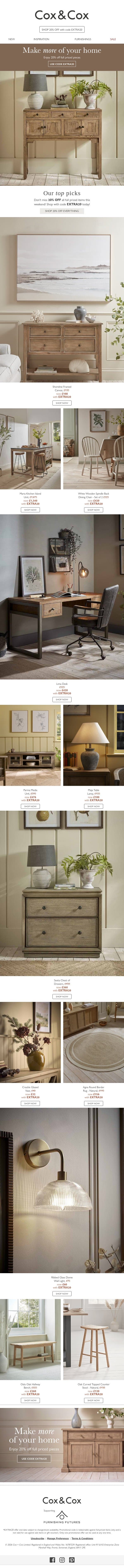 Don't miss 20% OFF everything this weekend! email from Cox & Cox screenshot