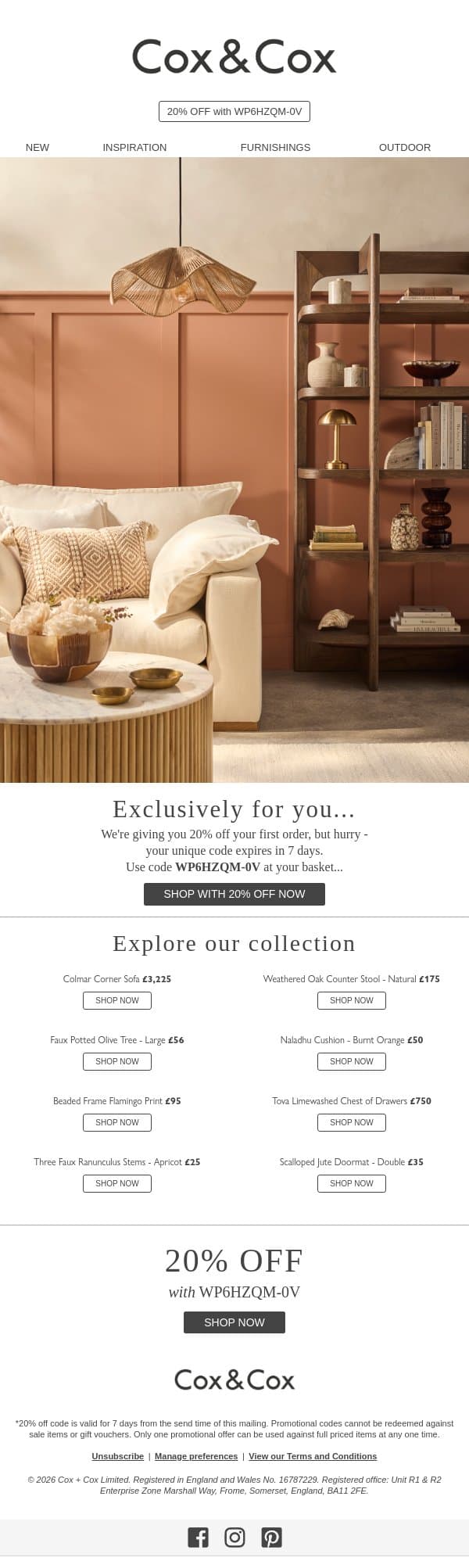 Exclusively for you | 20% off email from Cox & Cox screenshot