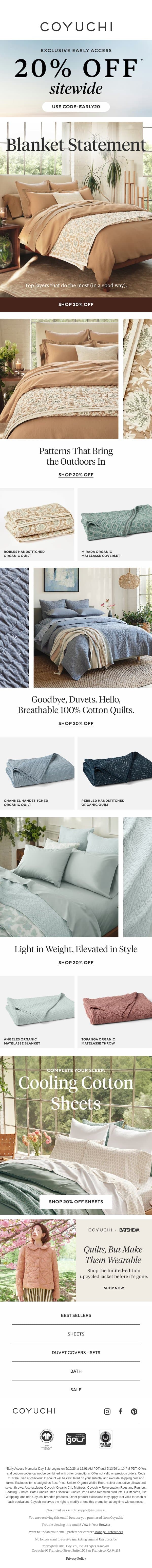 Unlock 20% Off Sitewide Before Anyone Else email from Coyuchi screenshot