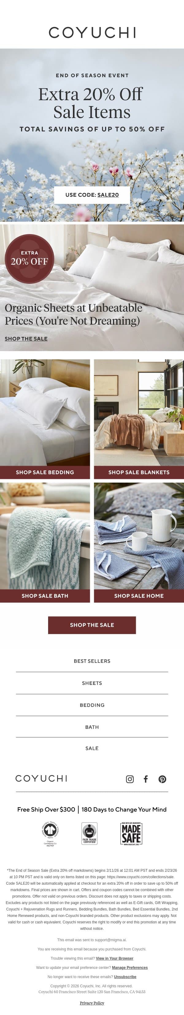 LAST DAY: Up to 50% Off Your Best Sleep email from Coyuchi screenshot