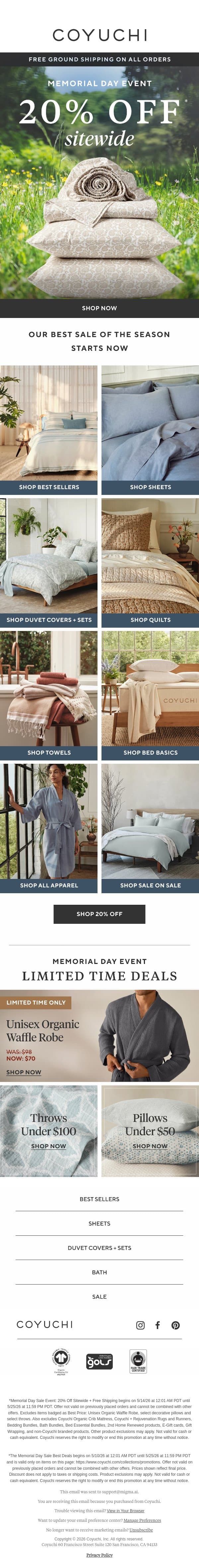 20% Off Everything STARTS NOW! email from Coyuchi screenshot