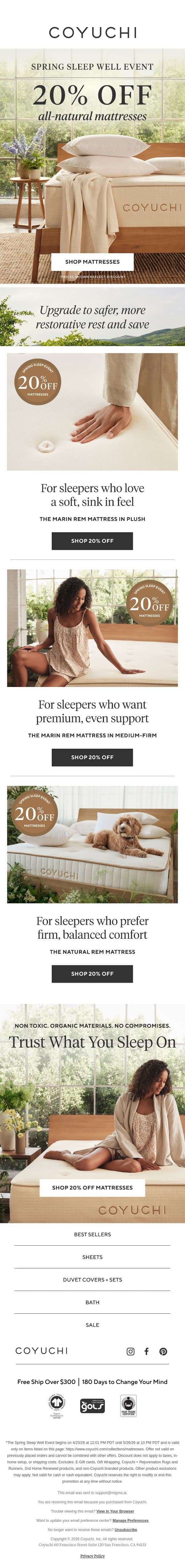 ON NOW: 20% Off Safe, All-Natural Mattresses email from Coyuchi screenshot