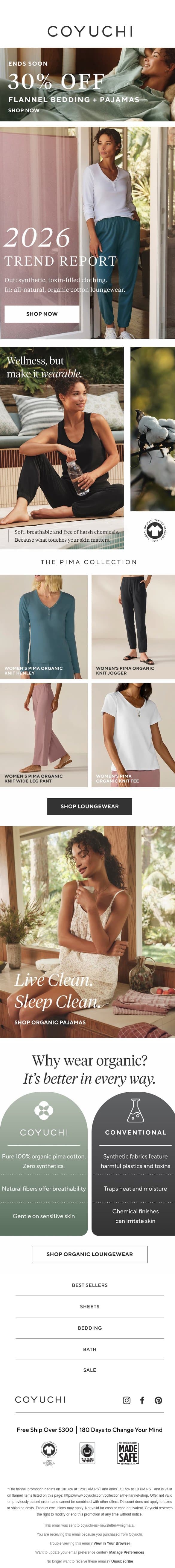 In for 2026: Organic Cotton Loungewear email from Coyuchi screenshot