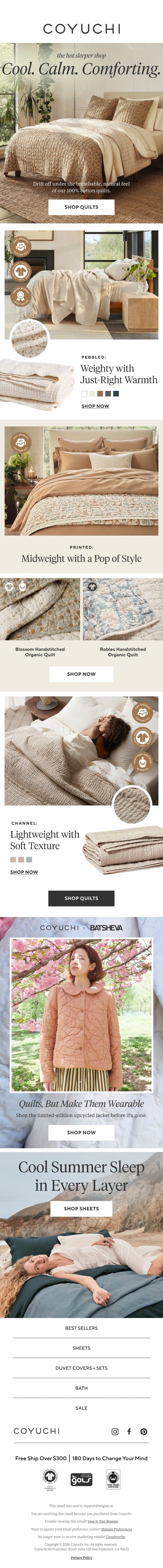 Sleep Hot? A Breathable Quilt is the Solution email from Coyuchi screenshot