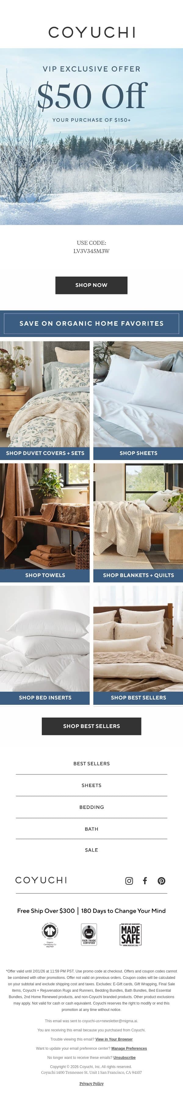 VIP: Here's $50 Off Your Next Order email from Coyuchi screenshot