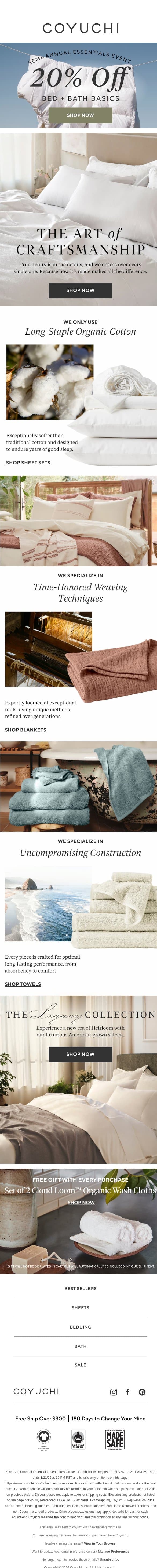 Why Our Luxury Bedding is One of a Kind email from Coyuchi screenshot