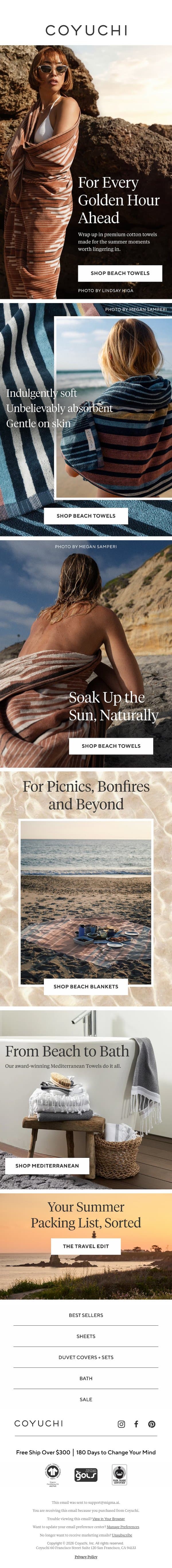 Soft. Absorbent. Made for Summer Moments. email from Coyuchi screenshot