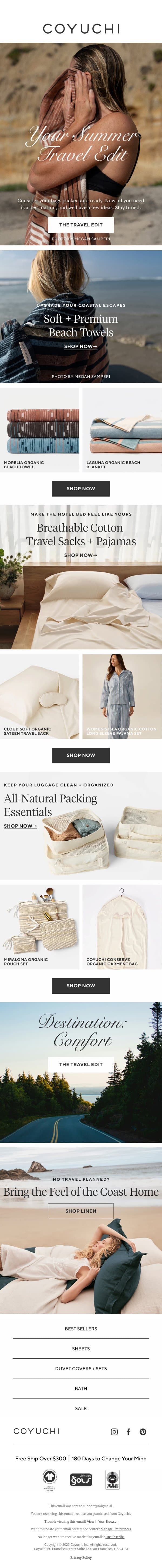 Traveling? Make the Hotel Bed Feel Like Home email from Coyuchi screenshot