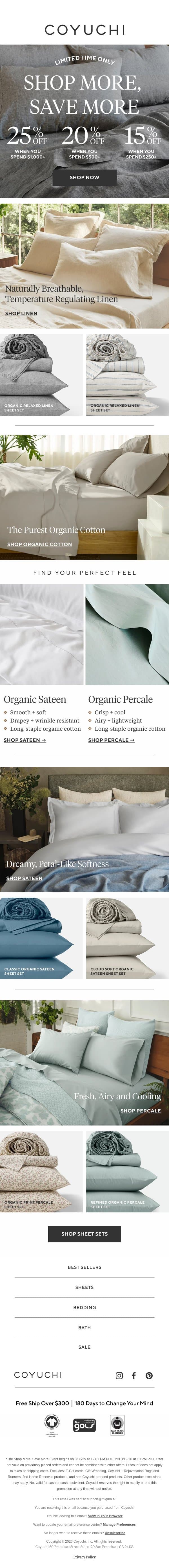 Up to 25% Off Organic Cotton + Linen Sheets email from Coyuchi screenshot