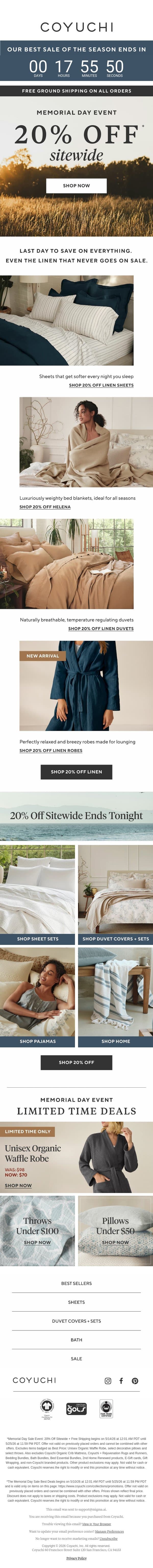 20% Off ENDS TONIGHT! Don't Sleep On This Sale email from Coyuchi screenshot
